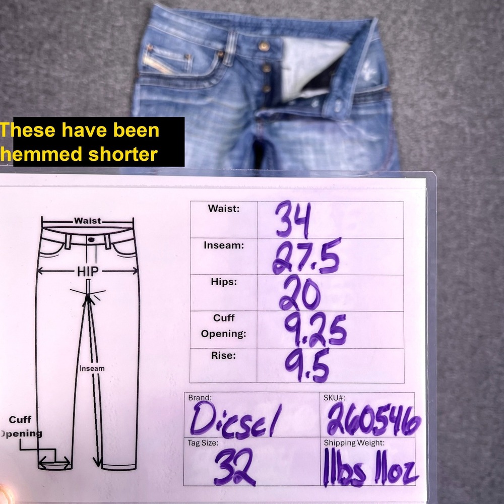 Diesel Jeans Mens 34x27 Blue Grunge Baggy Straight Y2K Button Fly‎ Hemmed Retro - Picture 3 of 16